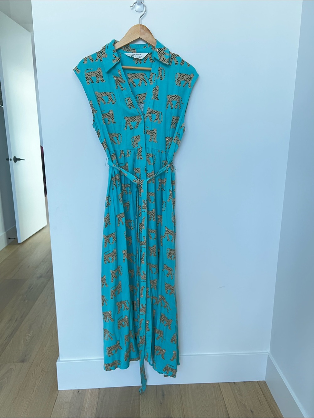 Turquoise Leopard Print Shirt Dress with Tie Waist